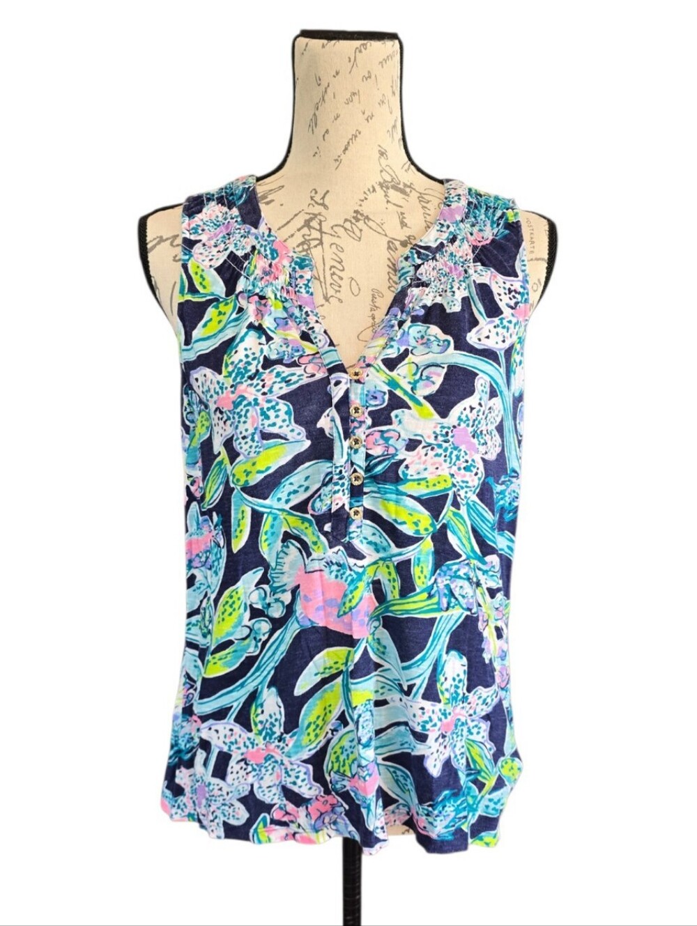 Lily Pulitzer Essie Sway This Way Blue Pink Tropical Pattern Tank Top M